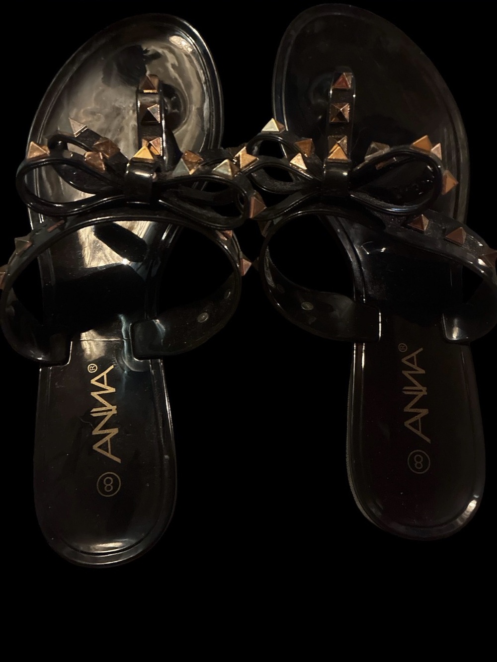 Runway Swimwear Black Gold Studded Bow Jelly Sandals Size 8 NWOT